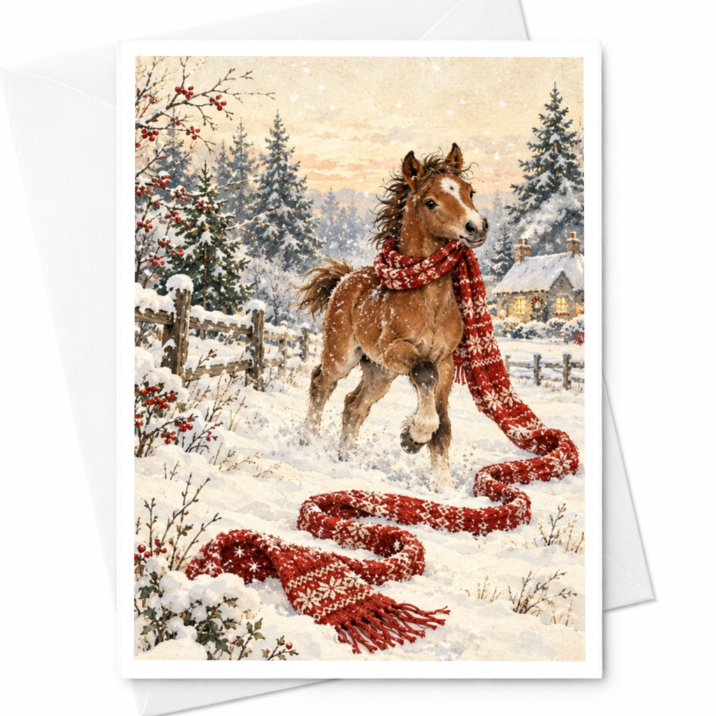 Horse With Scarf Christmas Card Winter Scene Greeting Card For Animal Lover Cute Holiday Card Snowy Landscape Art C10210