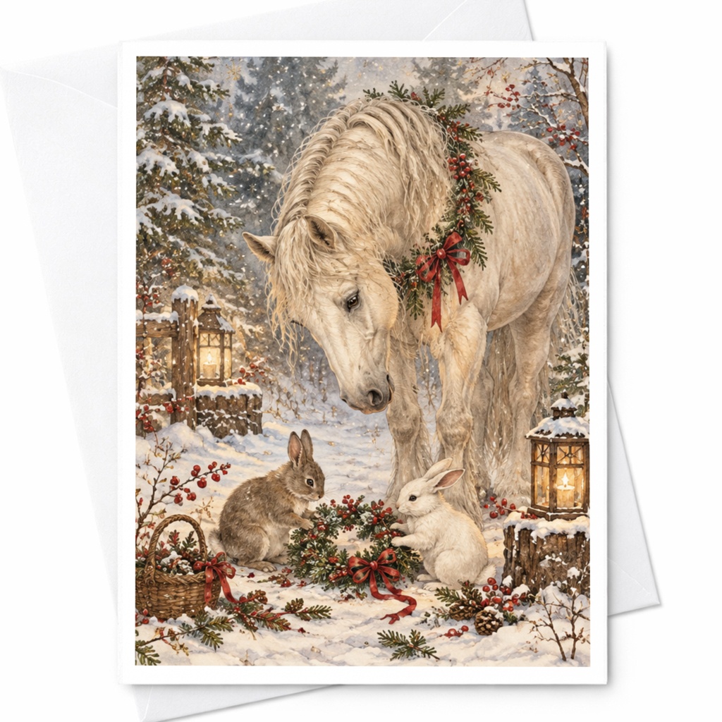 Horse And Rabbits Winter Scene Christmas Card Cute Animal Holiday Greeting Card For Animal Lover Festive Snowy Forest C10213