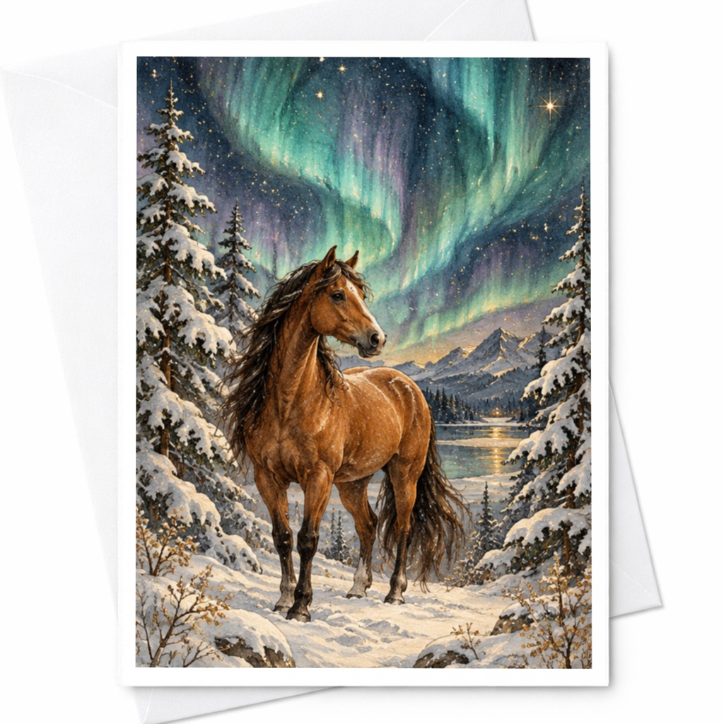 Horse Under Northern Lights Blank Greeting Card Winter Scene For Nature Lover Animal Art Card Aurora Borealis Landscape C10214