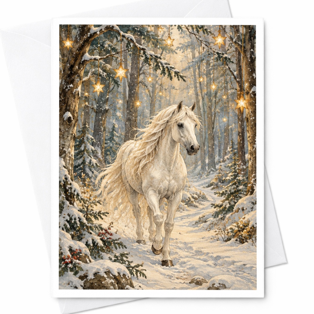 White Horse In Snowy Forest Blank Greeting Card Winter Wonderland Scene For Nature Lover Elegant Animal Card C10215