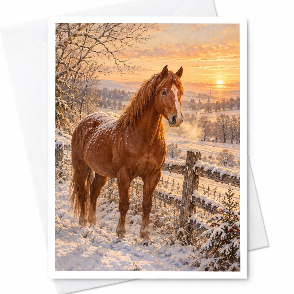 Horse In Snowy Landscape Blank Greeting Card Winter Scene For Animal Lover Nature Art Card Rustic Country Style C10218