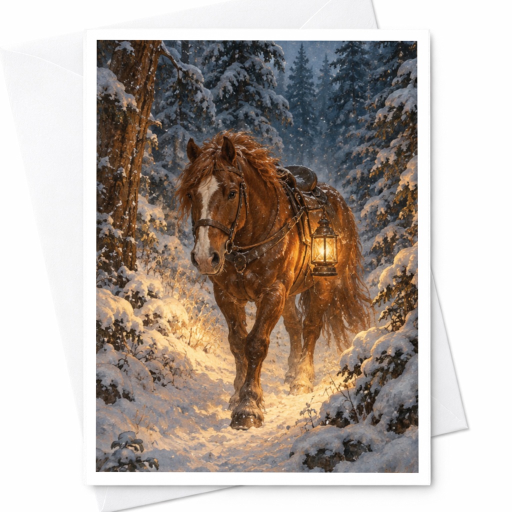 Horse In Snowy Forest Blank Greeting Card Winter Scene Card For Nature Lover Animal Art Card Rustic Woodland Card C10222