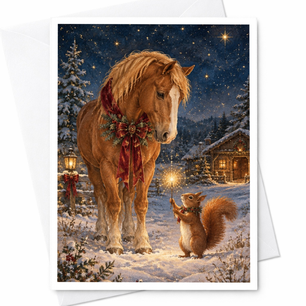 Horse And Squirrel Winter Scene Christmas Card Cute Animal Holiday Greeting Card For Animal Lover Festive Snowy Night Card C10234