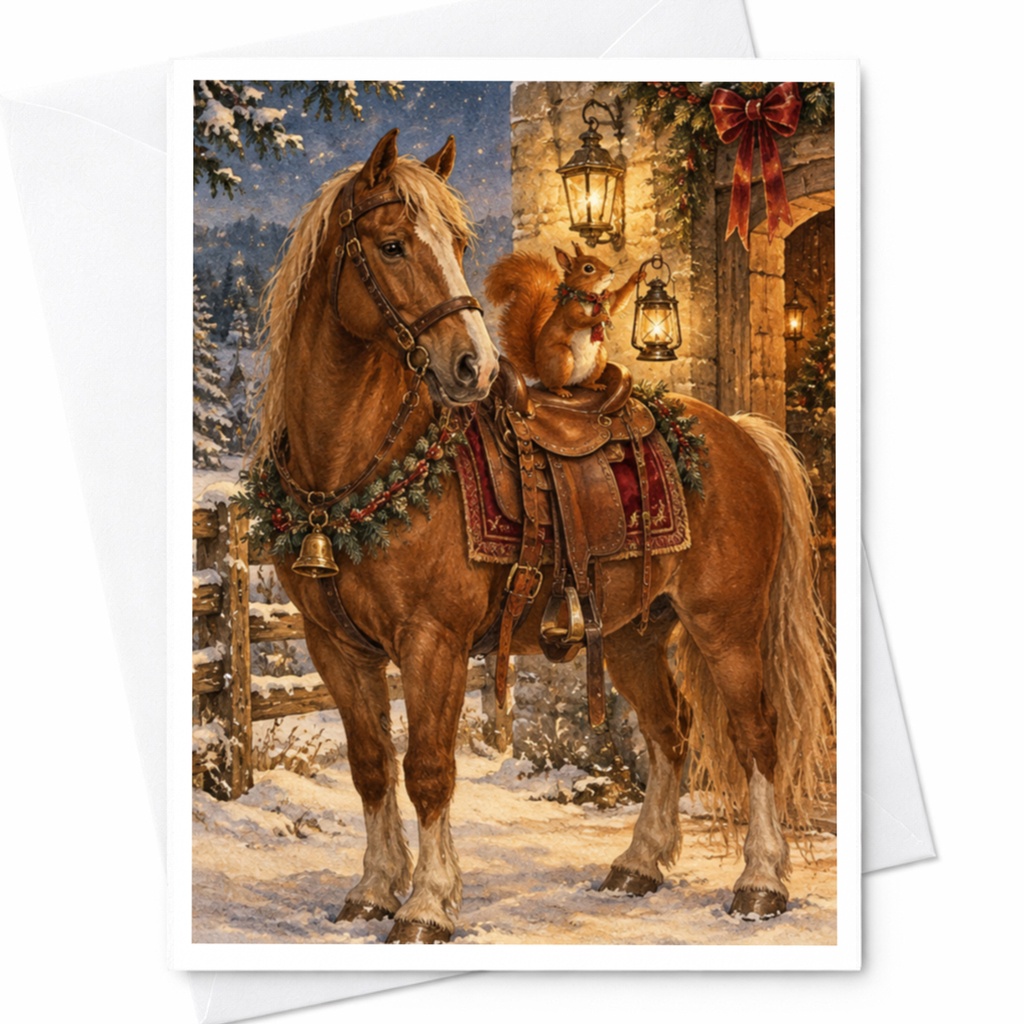 Horse And Squirrel Christmas Card Winter Scene Greeting Card Animal Lover Holiday Card Rustic Woodland Art For Her Him C10235