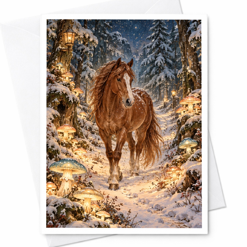 Horse In Snowy Forest Blank Greeting Card Winter Wonderland Card For Nature Lover Animal Art Card Enchanted Forest Card C10236