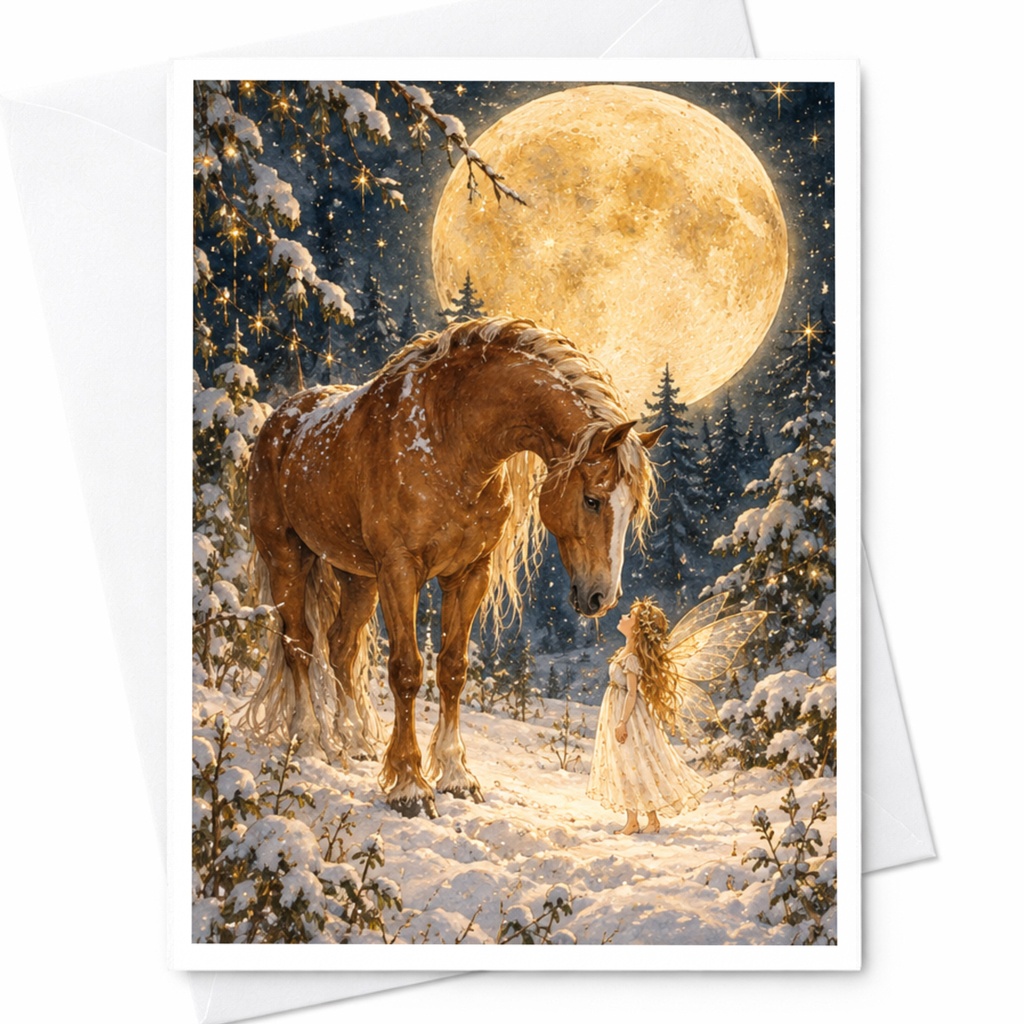 Horse And Fairy Under Moonlight Blank Greeting Card Enchanted Winter Scene Fantasy Art Card For Nature Lover Magical Card C10242