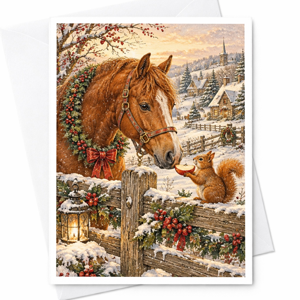 Horse And Squirrel Winter Scene Christmas Card Cute Animal Holiday Greeting Card For Nature Lovers Festive Snowy Landscape C10244