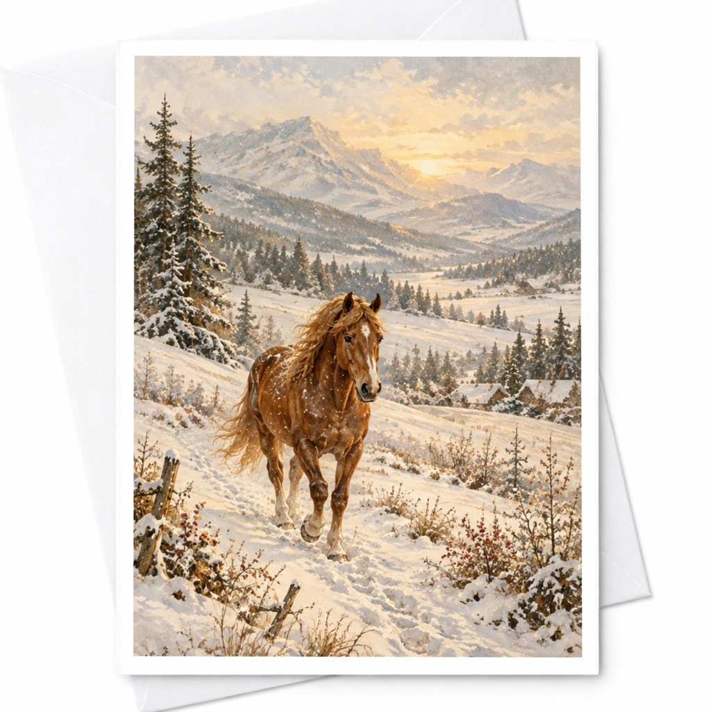 Horse In Snowy Landscape Blank Greeting Card Winter Scene For Nature Lover Animal Art Card Rustic Country Style C10246