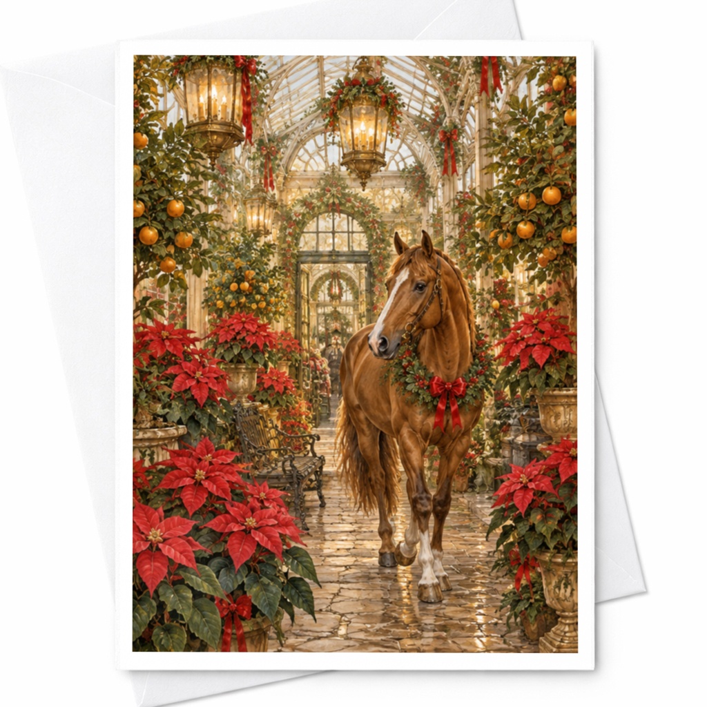 Festive Horse Christmas Card Elegant Holiday Greeting Card For Animal Lover Seasonal Winter Scene With Poinsettias C10252