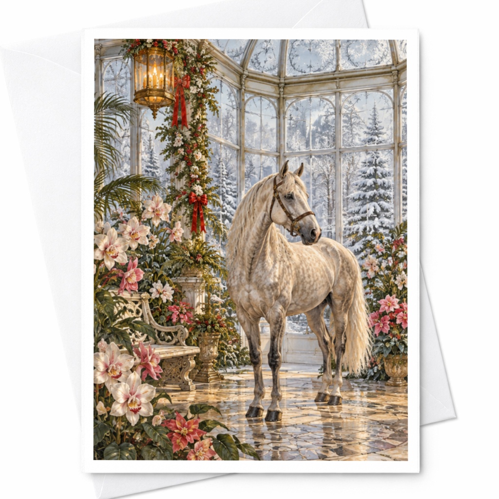 Elegant Horse Blank Greeting Card Floral Conservatory Scene For Animal Lover Nature Inspired Art Card Winter Botanical C10253