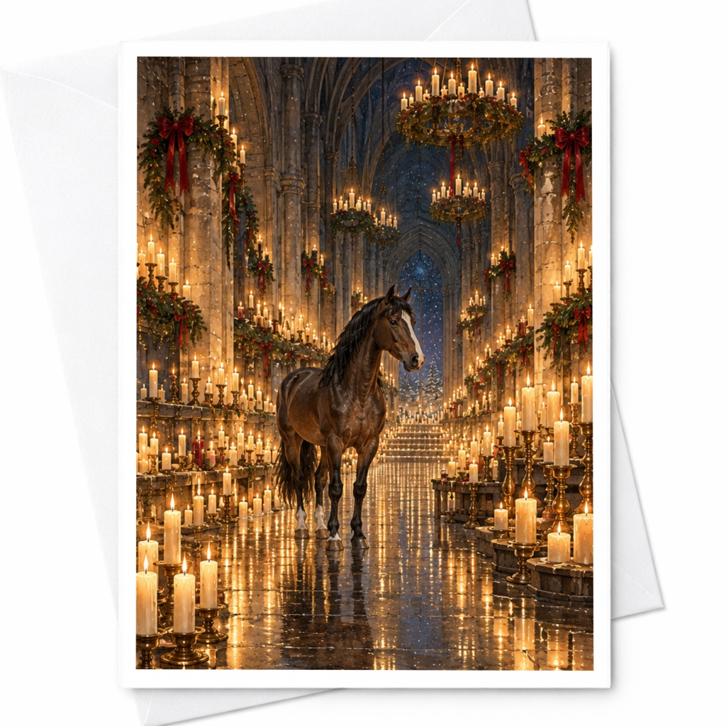 Horse In Candlelit Cathedral Blank Greeting Card Elegant Animal Card For Horse Lover Christmas Card Romantic Scene C10255