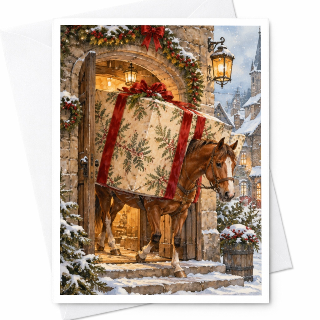 Horse With Large Gift Box Christmas Card Holiday Greeting Card Winter Scene Festive Animal Card For Horse Lover C10257