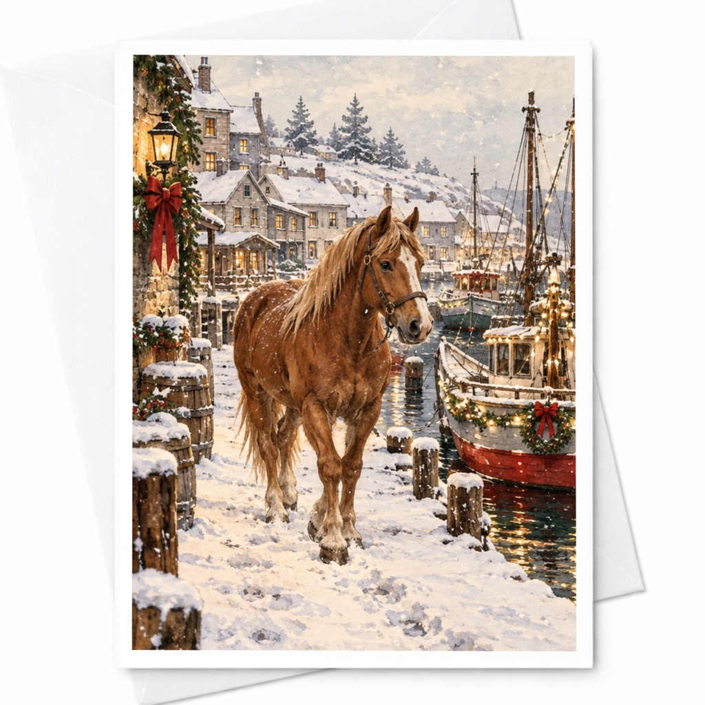 Horse In Snowy Village Christmas Card Winter Scene Holiday Greeting Card For Animal Lover Rustic Festive Card C10258