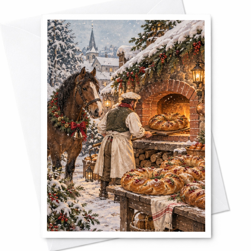 Winter Bakery Scene Christmas Card Cozy Holiday Greeting Card For Baker Horse Lover Rustic Snowy Village Illustration C10261
