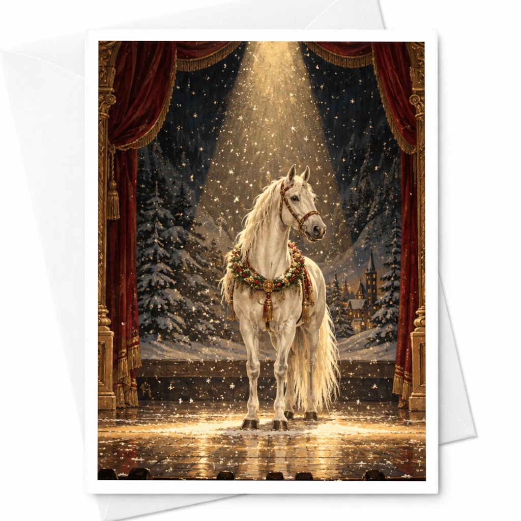 Elegant Horse With Wreath Christmas Card Winter Scene Greeting Card For Horse Lover Festive Holiday Card Snowy Forest C10263