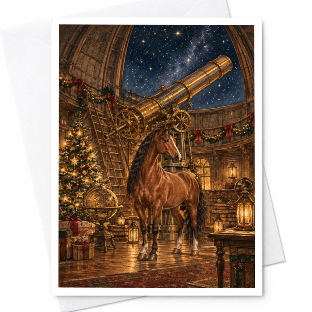 Horse In Observatory Christmas Card Festive Holiday Greeting Card For Animal Lover Starry Night Telescope Scene C10264