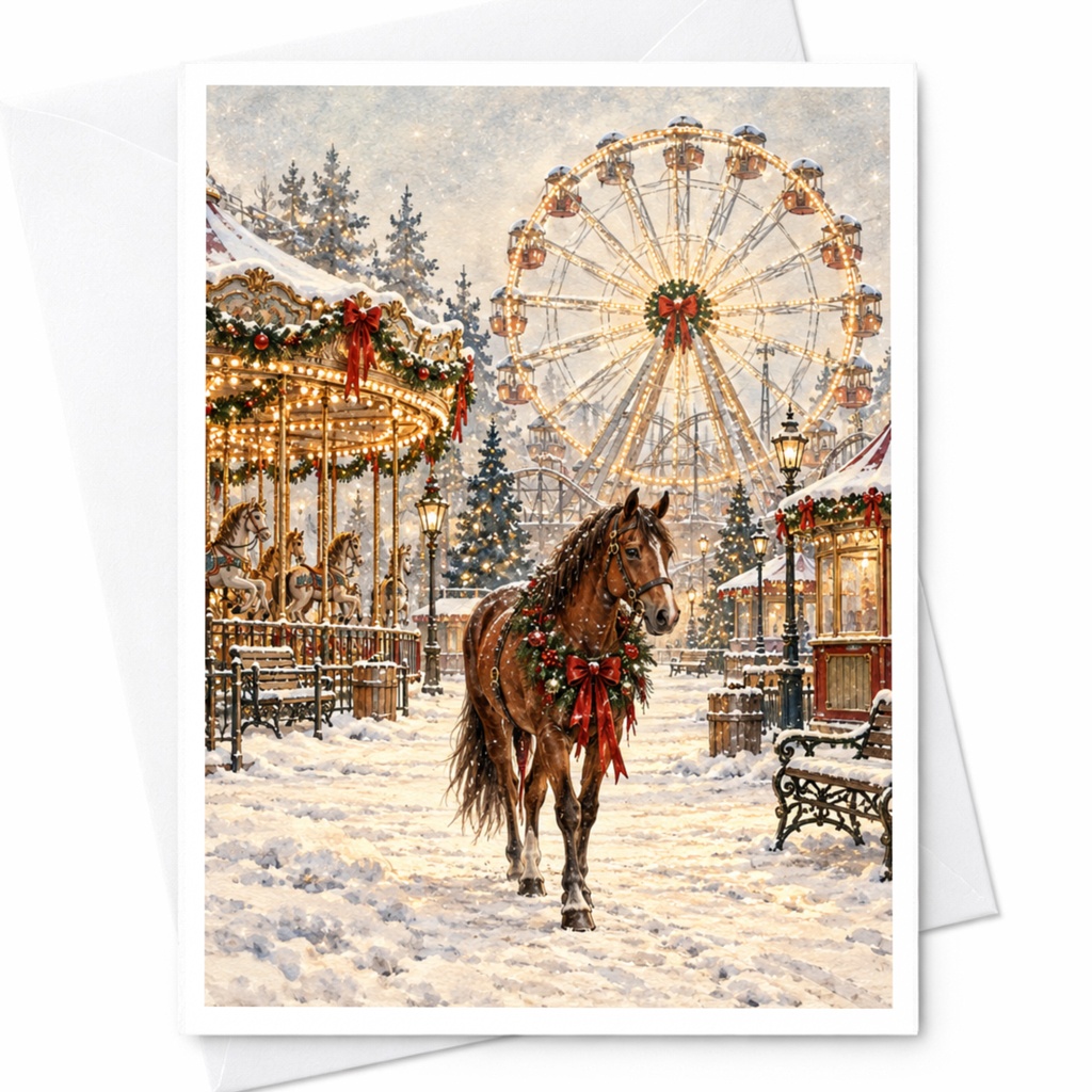 Festive Horse And Carousel Christmas Card Winter Wonderland Scene Holiday Greeting Card For Horse Lover Seasonal Art C10266