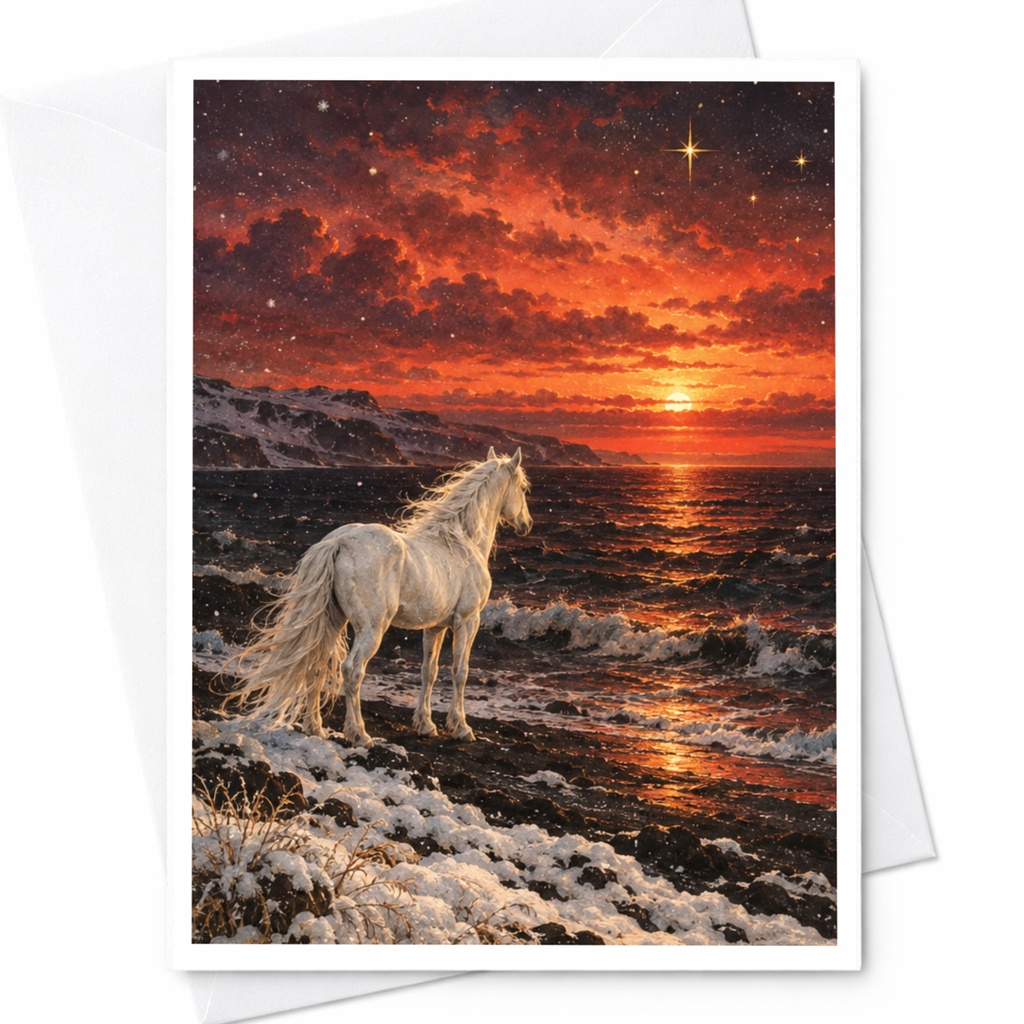 White Horse At Sunset Blank Greeting Card Majestic Animal Card For Horse Lover Nature Scene Card Everyday Card C10269