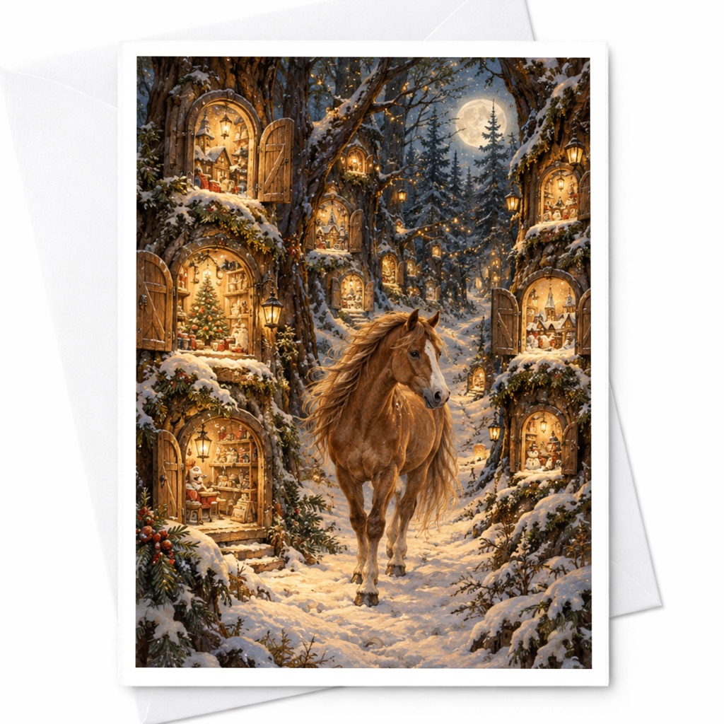Horse In Snowy Forest Christmas Card Enchanted Winter Scene Holiday Greeting Card For Animal Lover Magical Woodland Card C10272