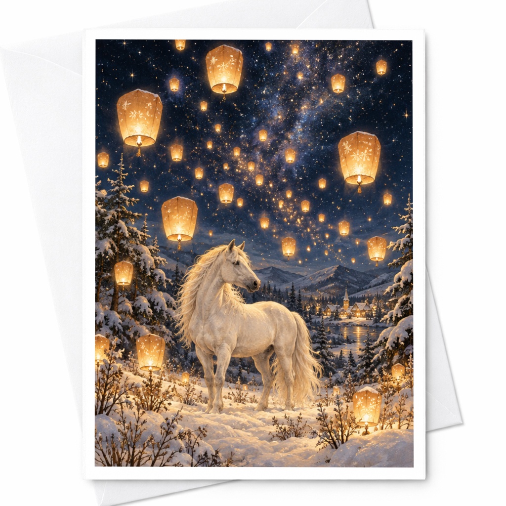 Magical Unicorn Lanterns Card Blank Greeting Card Fantasy Winter Scene For Her Enchanting Mythical Animal Lover Card C10273