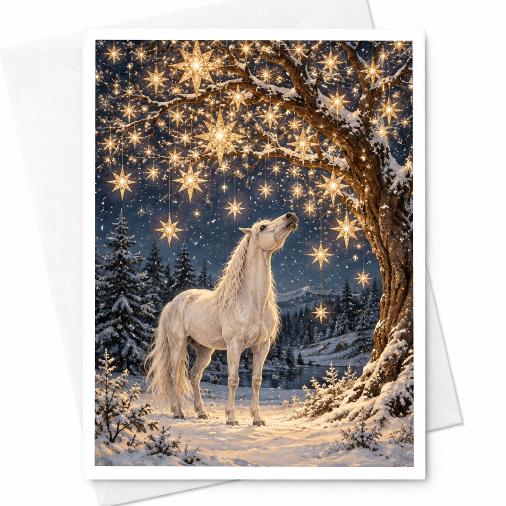 Horse Under Starry Tree Blank Greeting Card Magical Winter Scene For Animal Lover Enchanting Christmas Card Snowy Night C10275