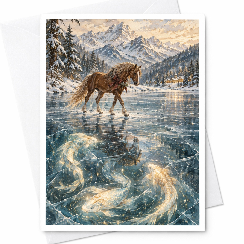 Horse On Icy Lake With Koi Fish Blank Greeting Card Winter Wonderland Art For Nature Lover Animal Lover Scenic Card C10276