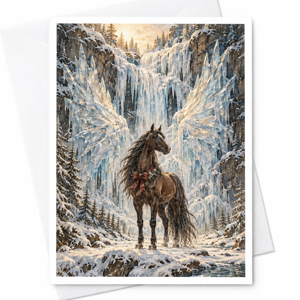 Majestic Horse With Ice Wings Blank Greeting Card Winter Fantasy Art Card For Horse Lover Magical Snowy Scene C10277