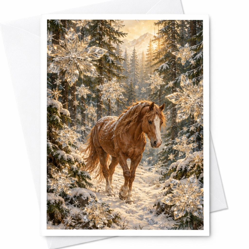 Horse In Snowy Forest Blank Greeting Card Winter Scene For Nature Lover Animal Art Card Christmas Card Woodland Snowflakes C10280