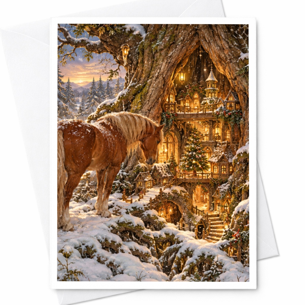 Horse In Snowy Enchanted Forest Christmas Card Magical Winter Scene Holiday Greeting Card For Animal Lover Whimsical Art C10282