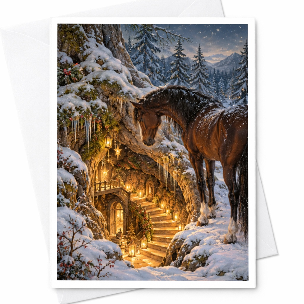 Horse In Snowy Forest Christmas Card Winter Wonderland Greeting Card For Animal Lover Magical Holiday Card Lantern Scene C10283