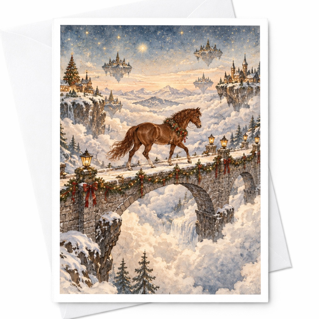 Horse On Snowy Bridge Christmas Card Fantasy Winter Scene Greeting Card For Horse Lover Magical Holiday Card C10286