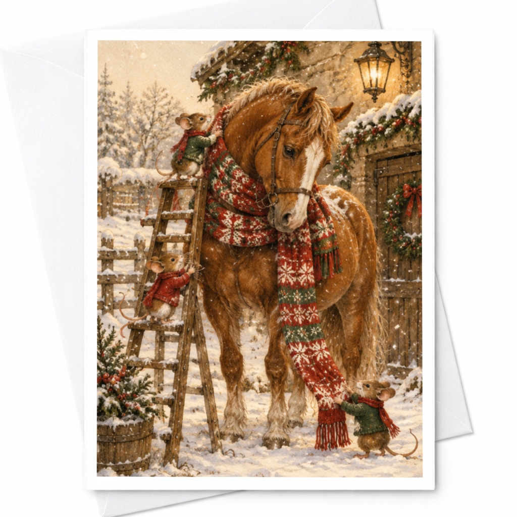 Horse With Mice In Winter Scene Christmas Card Cute Animal Holiday Greeting Card For Horse Lover Festive Snowy Scene C10195