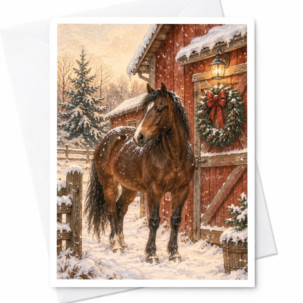 Horse In Snowy Barn Scene Christmas Card Rustic Winter Greeting Card For Animal Lover Country Holiday Card C10198
