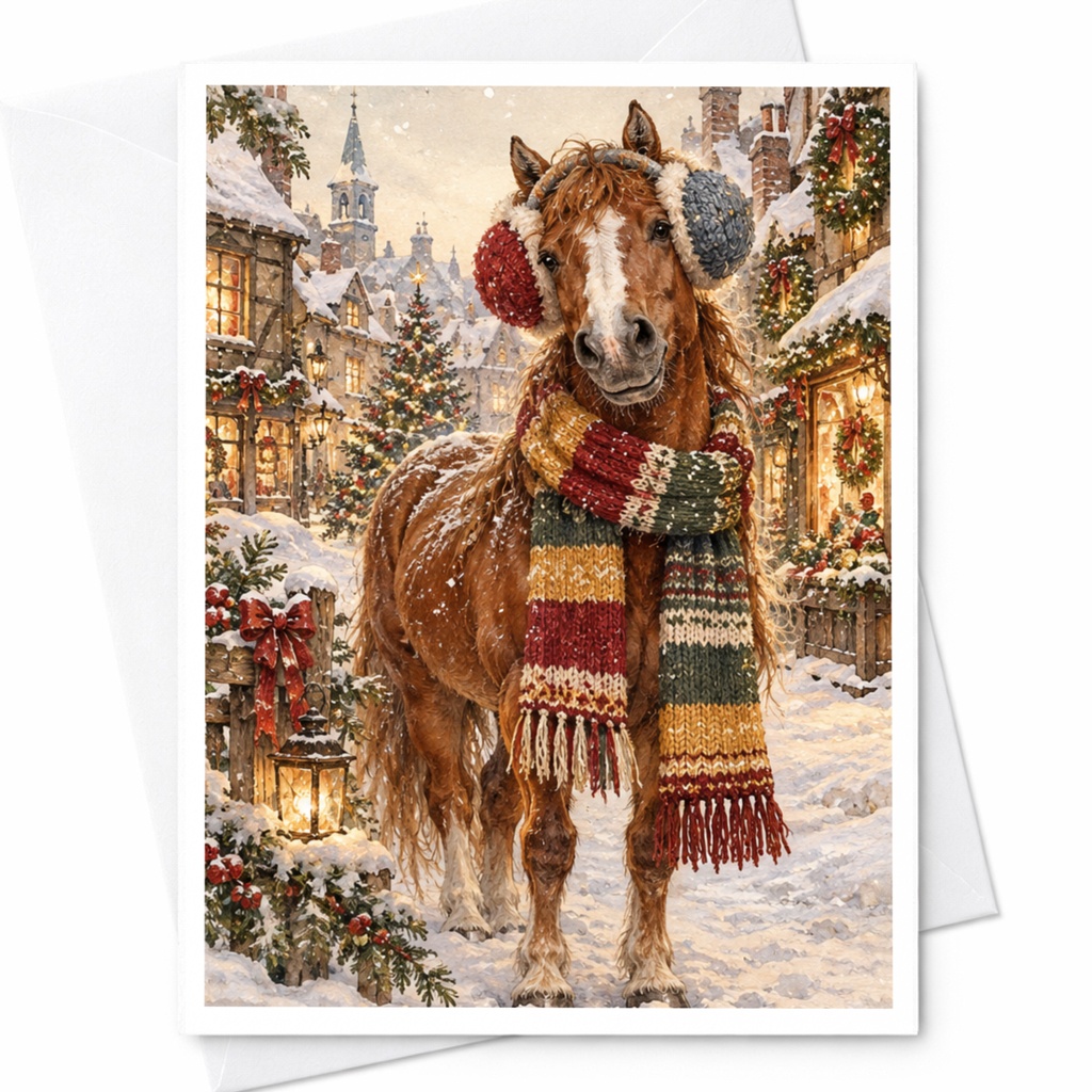 Horse Christmas Card Winter Village Scene Cute Animal Greeting Card Holiday Card For Horse Lover Festive Snowy Scene C10199