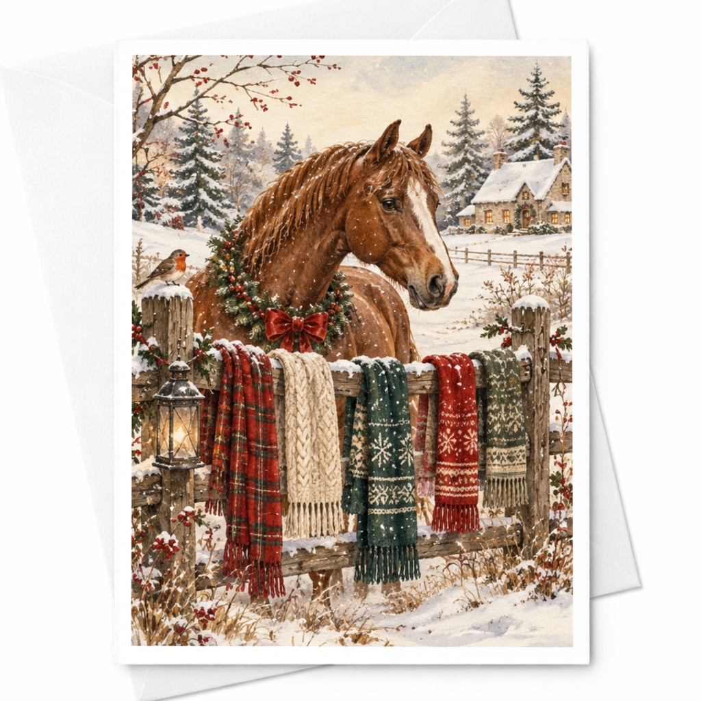 Horse Winter Scene Christmas Card Cozy Holiday Greeting Card For Animal Lover Rustic Snowy Landscape Festive Card C10202