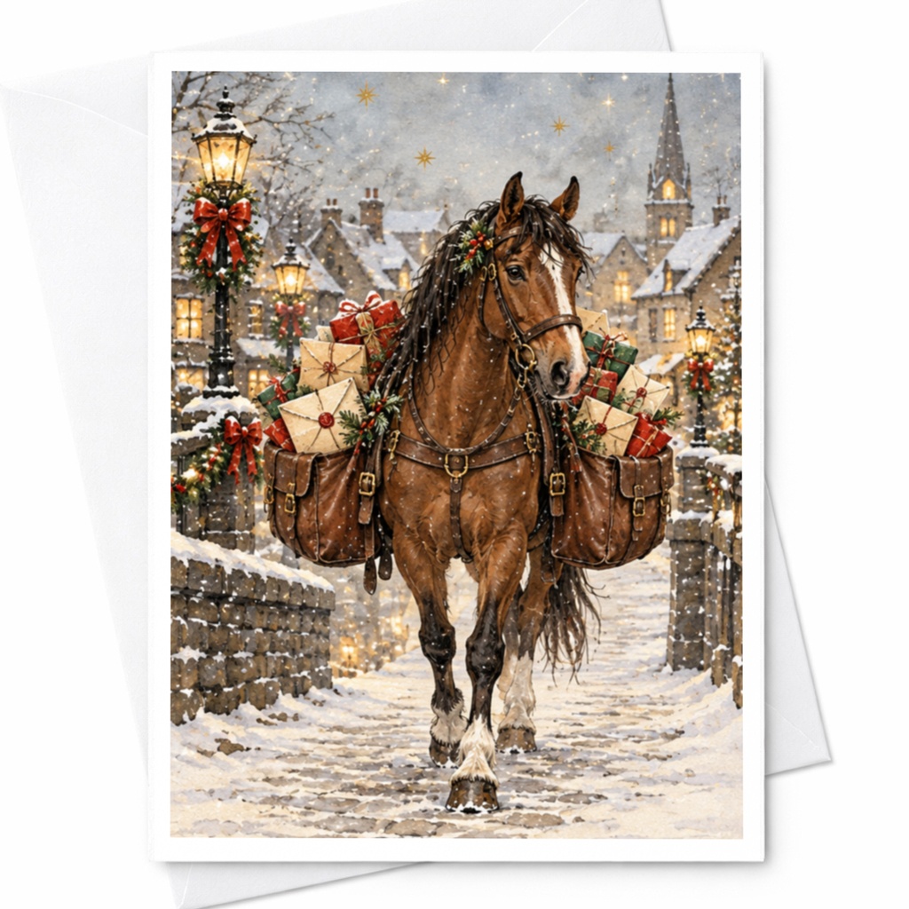 Horse With Gifts Christmas Card Winter Village Scene Holiday Greeting Card For Animal Lover Festive Snowy Landscape C10205