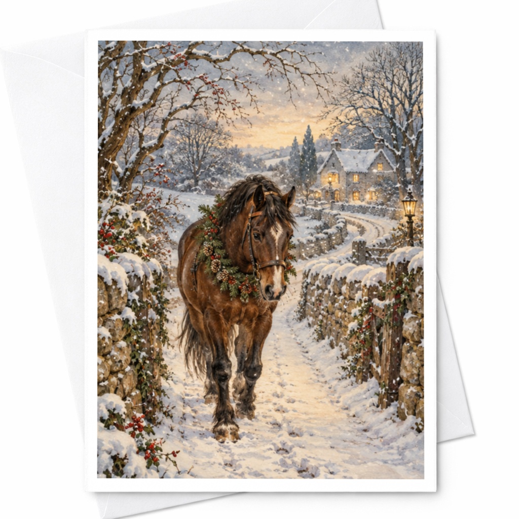 Horse In Snowy Village Christmas Card Winter Scene Greeting Card For Animal Lover Rustic Holiday Card Cozy Winter Landscape C10207
