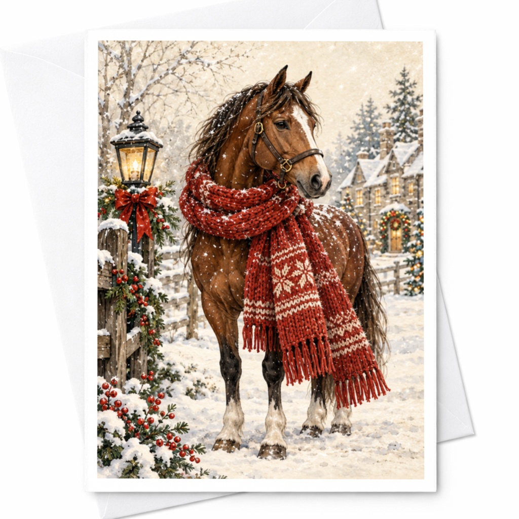 Horse In Winter Scene Christmas Card Festive Holiday Greeting Card For Animal Lover Cozy Snowy Landscape Art C10208