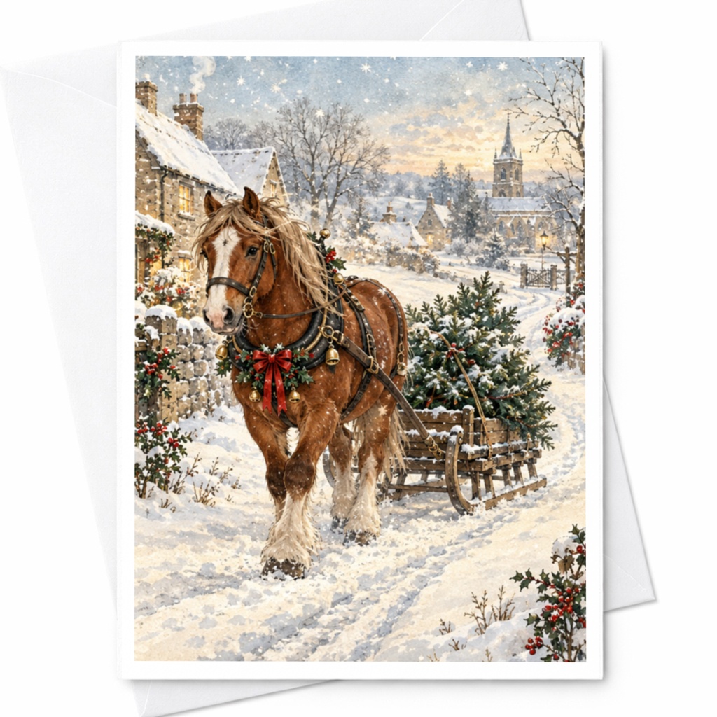 Horse Pulling Sleigh Christmas Card Winter Scene Holiday Greeting Card For Horse Lover Rustic Country Christmas Card C10211