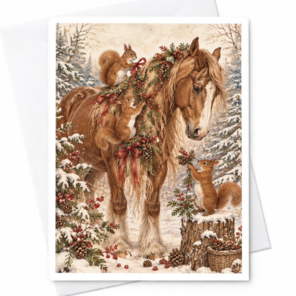 Horse With Squirrels Christmas Card Winter Scene Greeting Card Woodland Animal Holiday Card For Nature Lover Cute Festive Card C10212