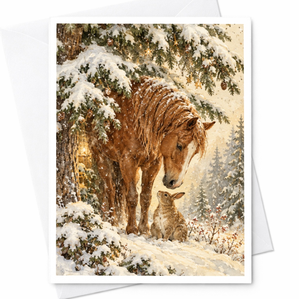 Horse And Rabbit Winter Scene Blank Greeting Card Animal Lover Christmas Card Woodland Wildlife Art For Nature Enthusiasts C10216