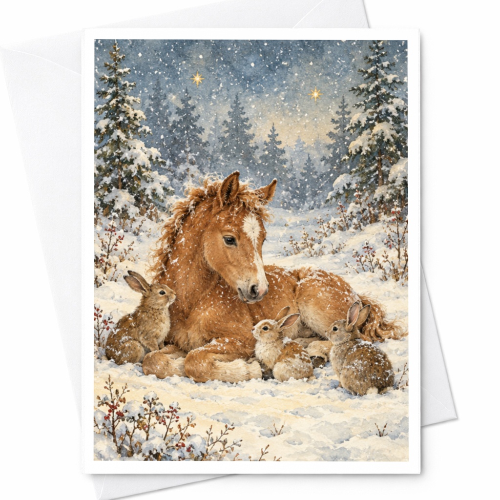 Foal And Rabbits Winter Scene Blank Greeting Card Cute Animal Card For Nature Lover Woodland Christmas Card Snowy Forest Art C10217