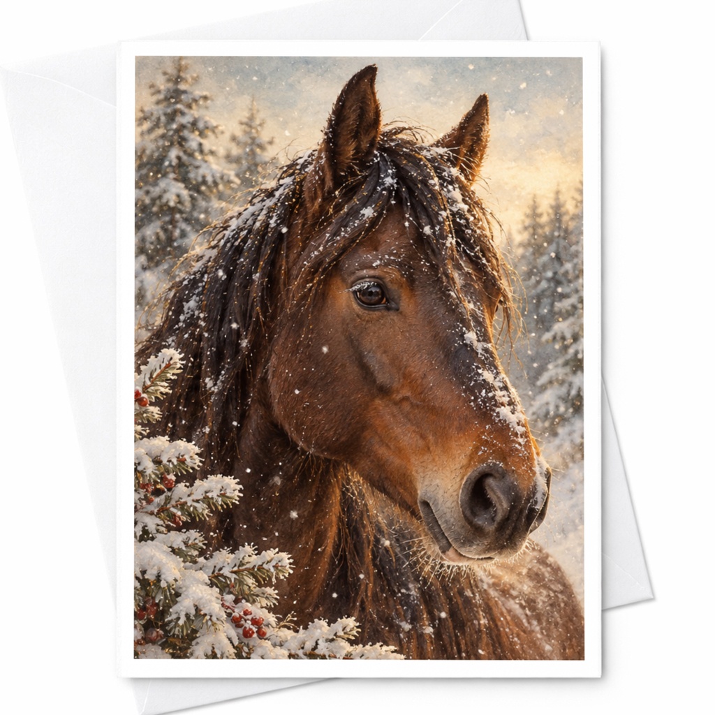 Horse In Snowy Forest Blank Greeting Card Winter Animal Card For Nature Lover Rustic Wildlife Art Card Christmas Card C10219