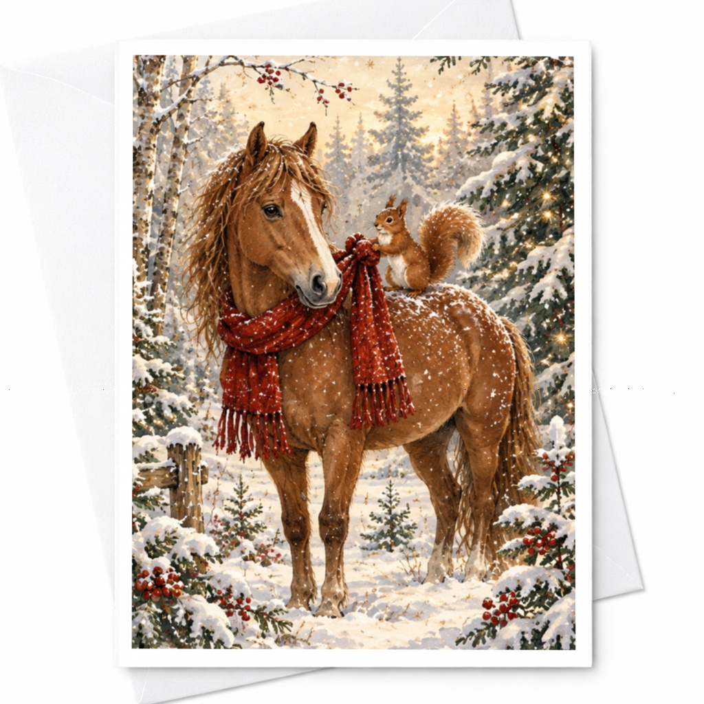 Horse And Squirrel Christmas Card Winter Forest Scene Holiday Greeting Card For Animal Lover Cute Seasonal Card C10220