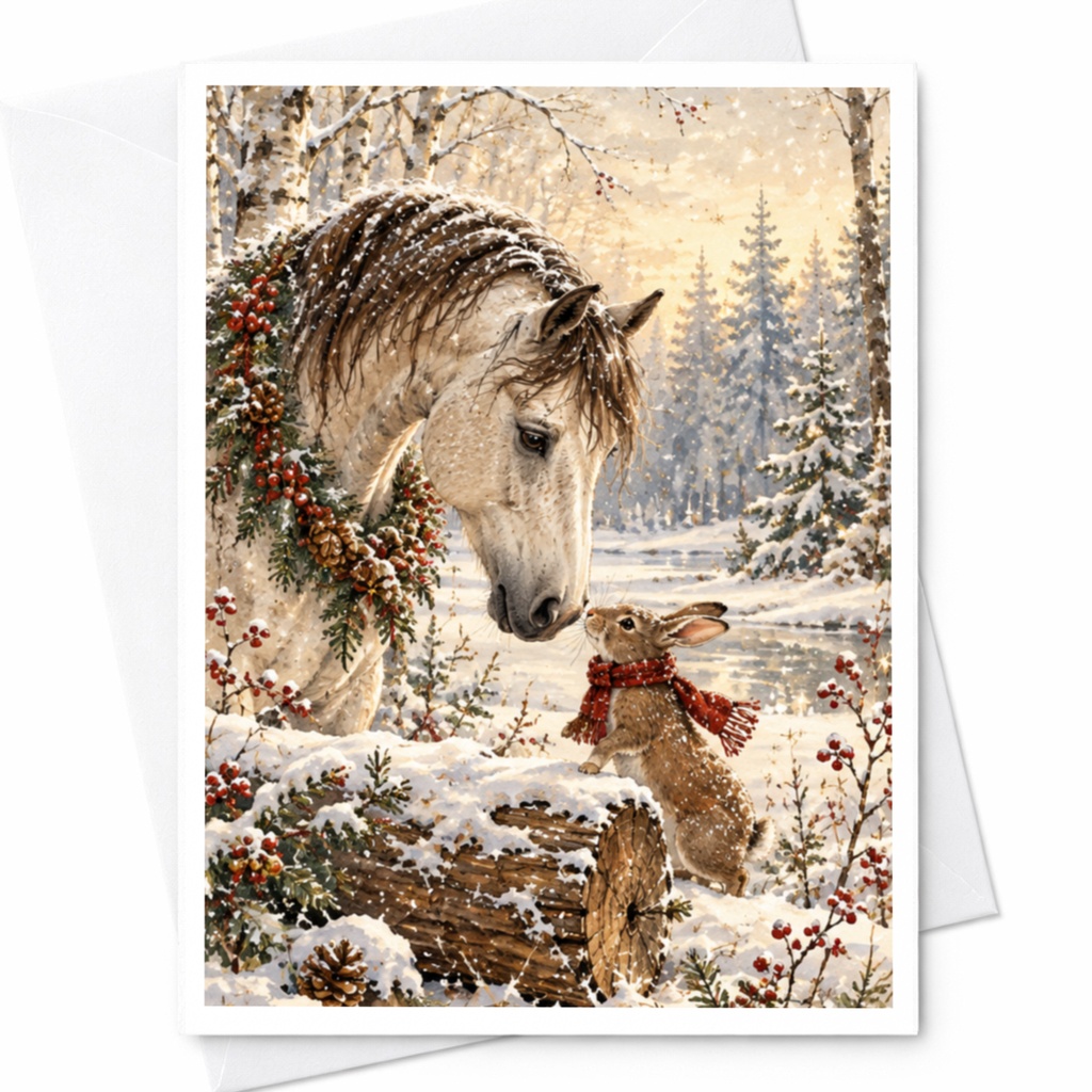 Horse And Rabbit Winter Scene Christmas Card Cute Animal Holiday Greeting Card For Animal Lover Snowy Forest Art Card C10221