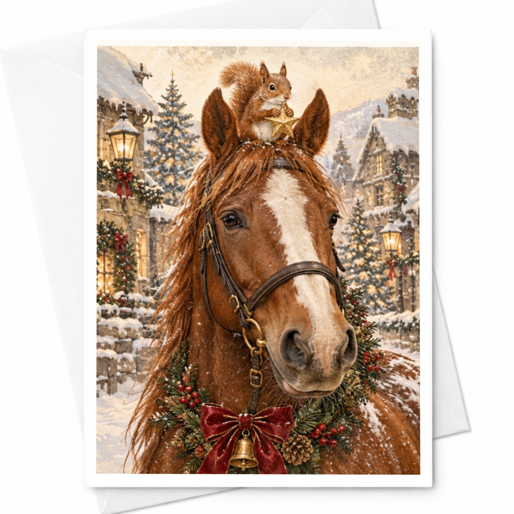 Horse And Squirrel Christmas Card Festive Holiday Greeting Card Winter Scene Animal Lover Cute Seasonal Card For Friends Family C10224