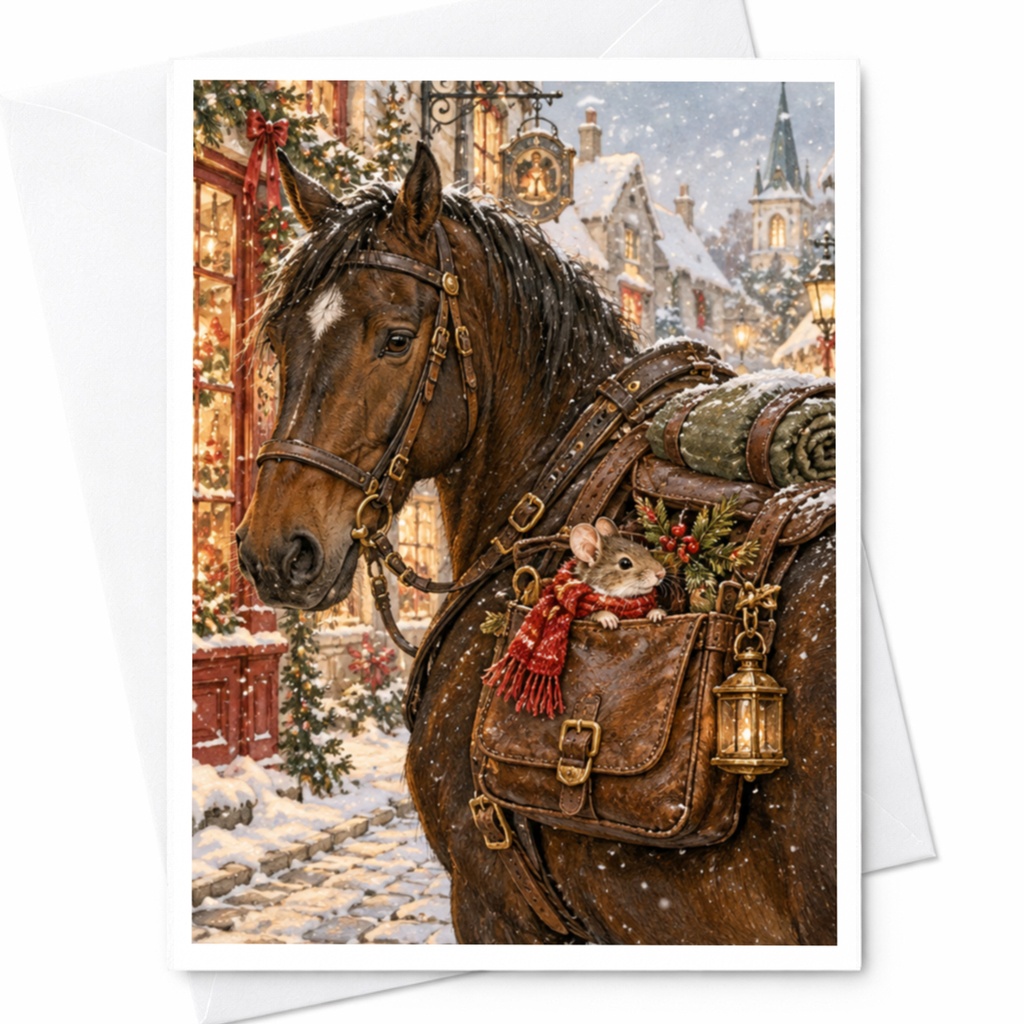 Horse And Mouse Christmas Card Winter Scene Greeting Card Holiday Animal Lover Cute Festive Card For Friend Family C10225