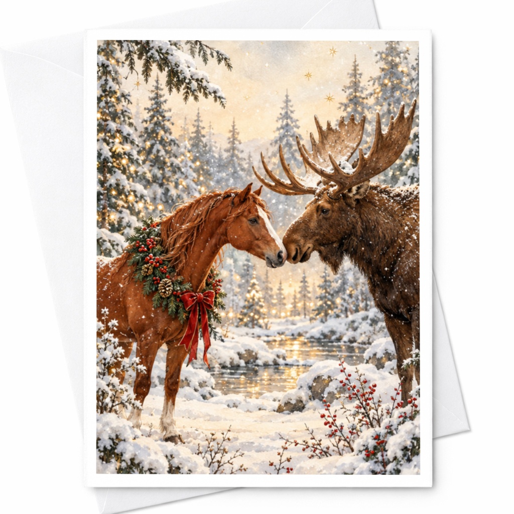 Horse And Moose Christmas Card Winter Forest Scene Holiday Greeting Card For Animal Lover Festive Snowy Landscape Art C10226