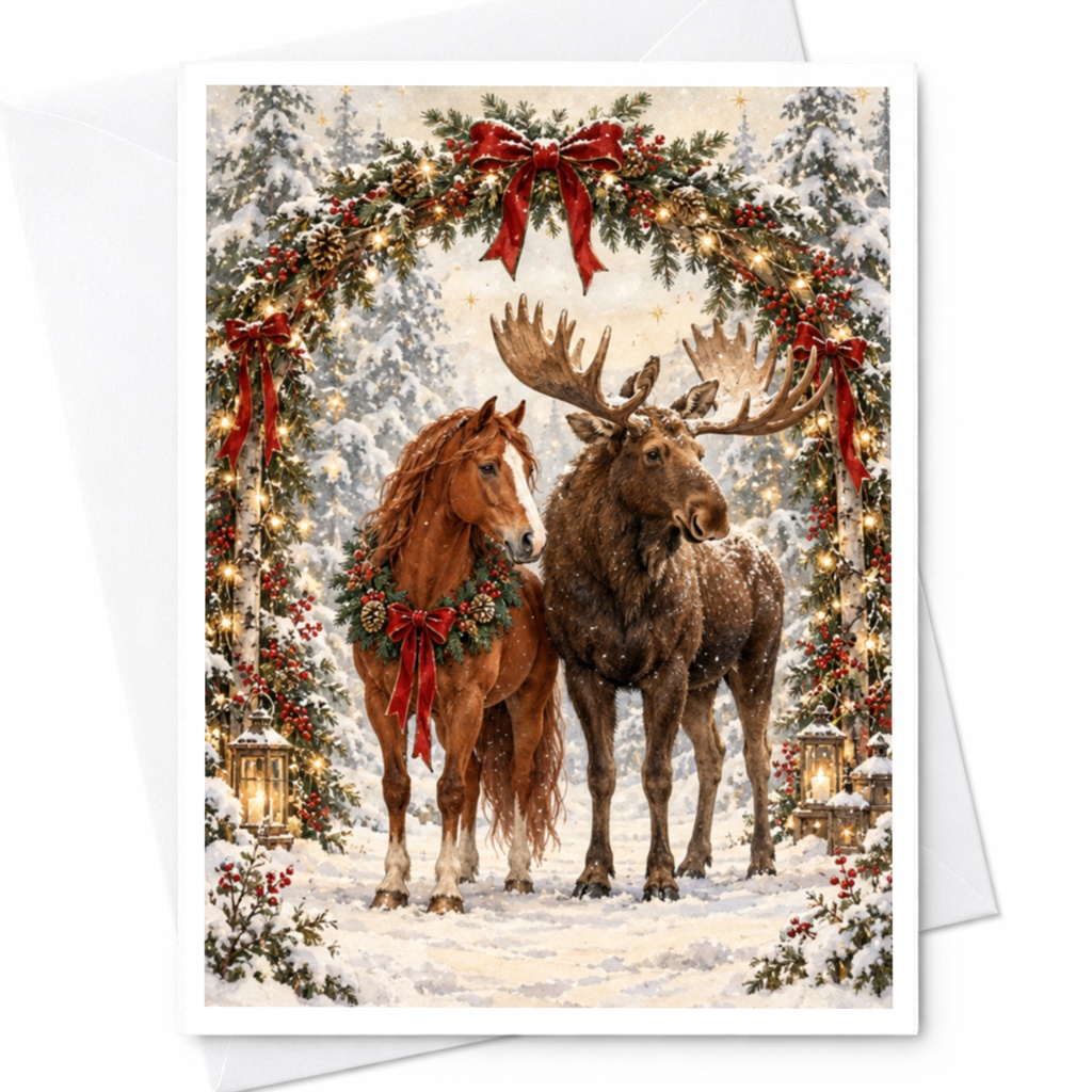 Horse And Moose Christmas Card Festive Holiday Greeting Card Winter Scene For Animal Lover Cute Seasonal Card C10227