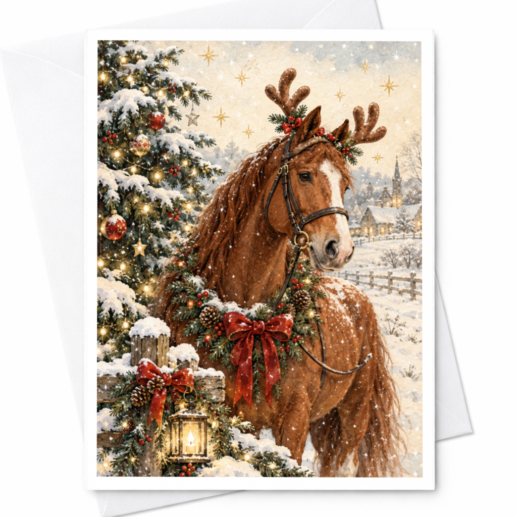 Horse With Antlers Christmas Card Festive Holiday Greeting Card Winter Scene For Animal Lover Cute Seasonal Card C10228